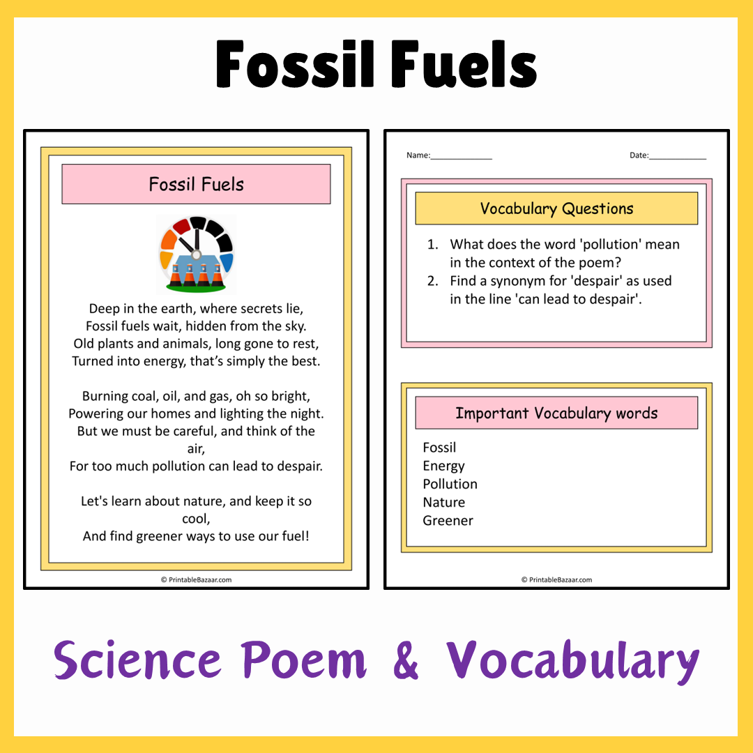 Fossil Fuels | Science Poem Reading Comprehension Activity