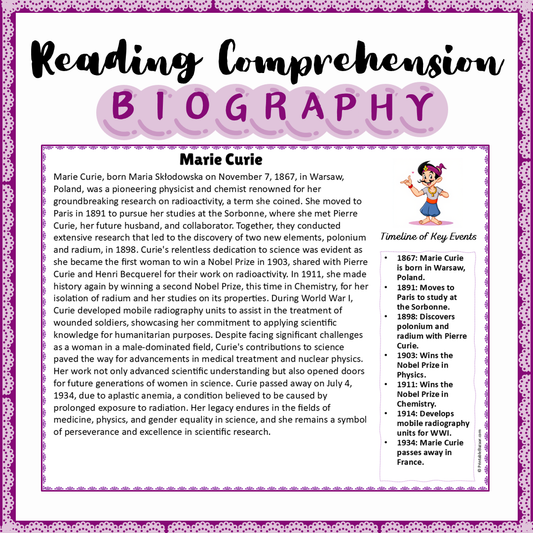 Marie Curie | Biography Reading Comprehension and Questions Worksheet