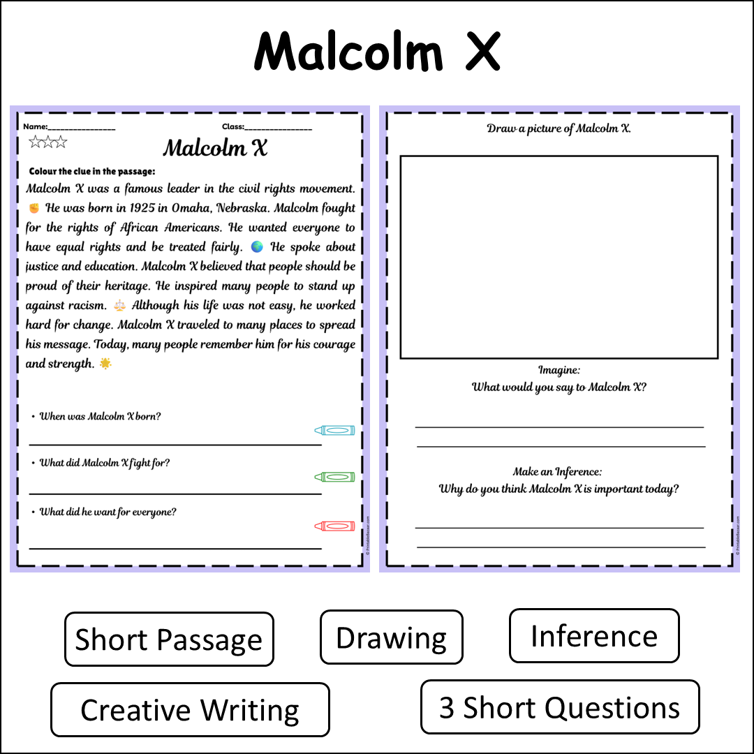 Malcolm X | Short Reading Comprehension Creative Worksheet