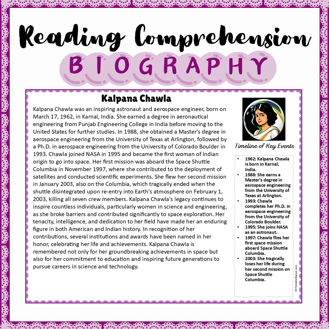 Kalpana Chawla | Biography Reading Comprehension and Questions Worksheet