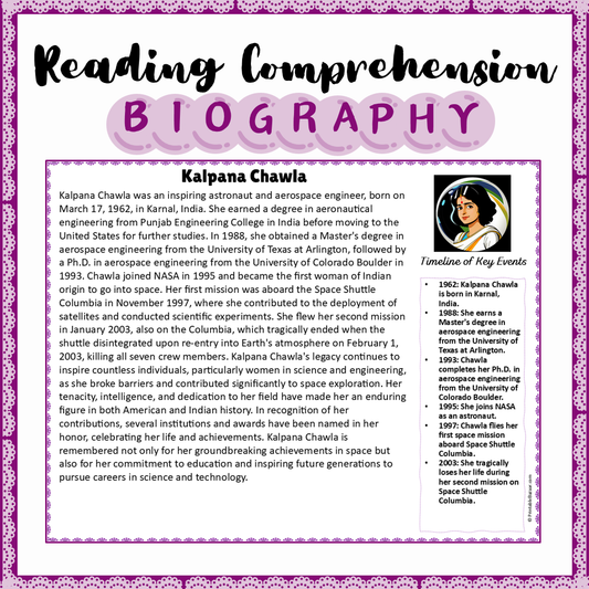 Kalpana Chawla | Biography Reading Comprehension and Questions Worksheet