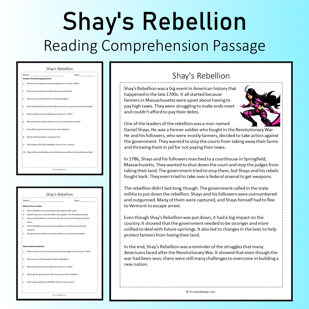 Shay's Rebellion | Reading Comprehension Passage Printable Worksheet
