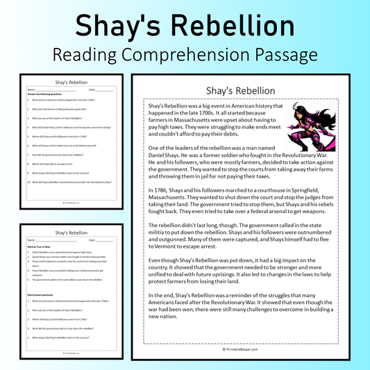 Shay's Rebellion | Reading Comprehension Passage Printable Worksheet