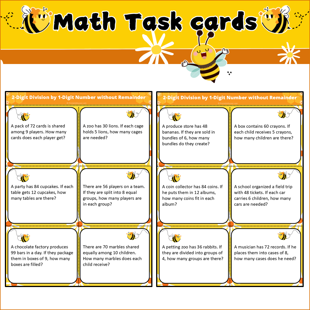 2-Digit Division by 1-Digit Number without Remainder | Math Task Cards