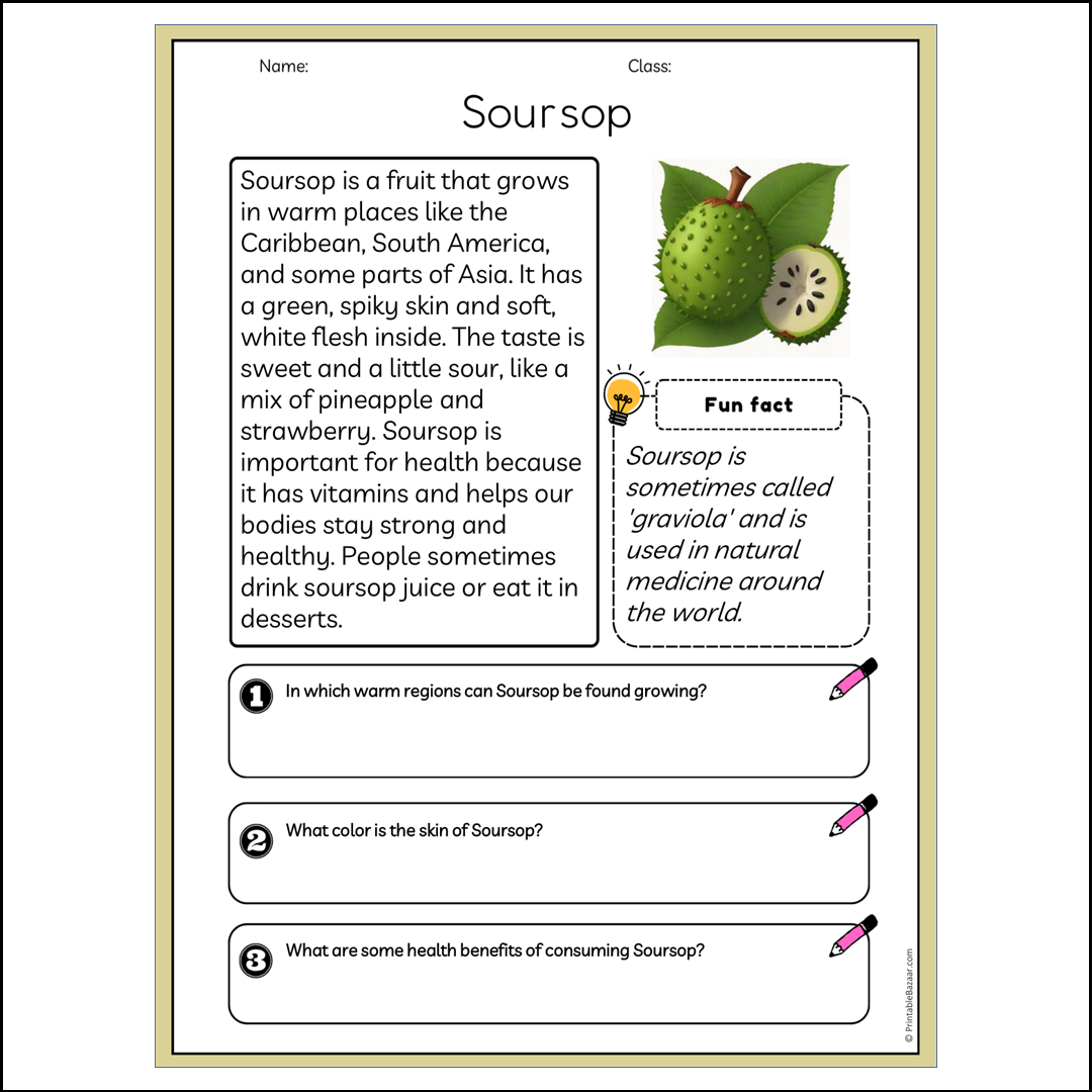 Soursop | Reading Passage Comprehension Questions Writing Facts Worksheet