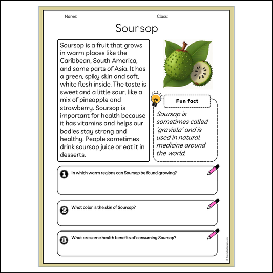 Soursop | Reading Passage Comprehension Questions Writing Facts Worksheet