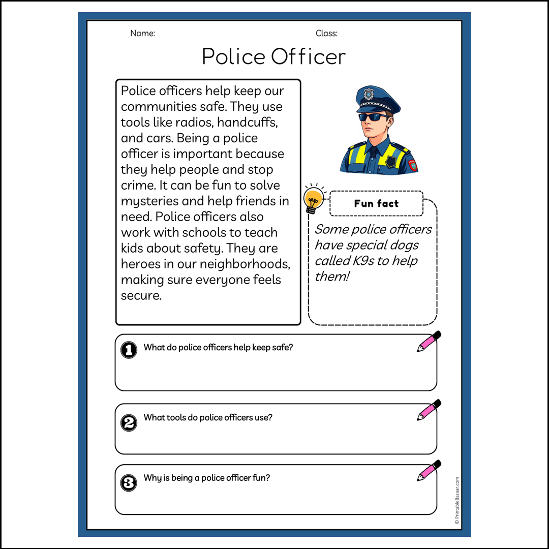 Police Officer | Reading Passage Comprehension Questions Writing Facts Worksheet