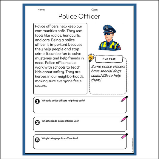 Police Officer | Reading Passage Comprehension Questions Writing Facts Worksheet