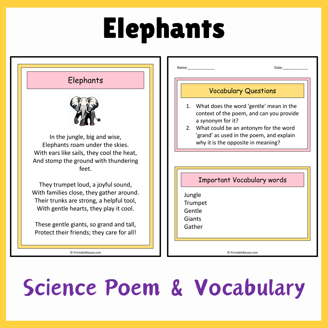 Elephants | Science Poem Reading Comprehension Activity