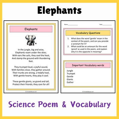 Elephants | Science Poem Reading Comprehension Activity