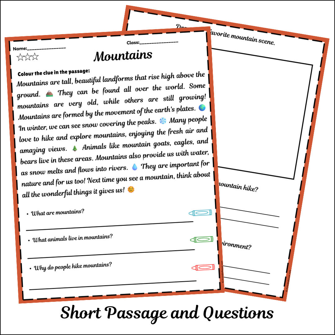 Mountains | Short Reading Comprehension Creative Worksheet