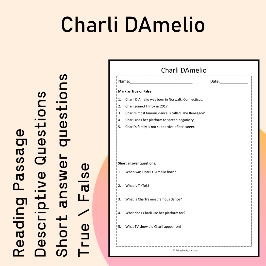 Charli DAmelio | Reading Comprehension Passage Printable Activity
