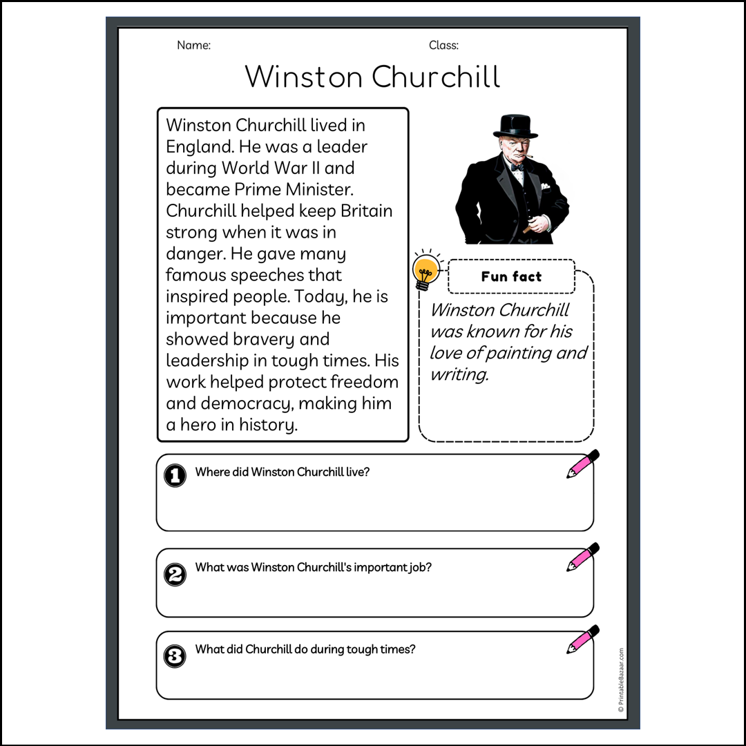 Winston Churchill | Reading Passage Comprehension Questions Writing Facts Worksheet