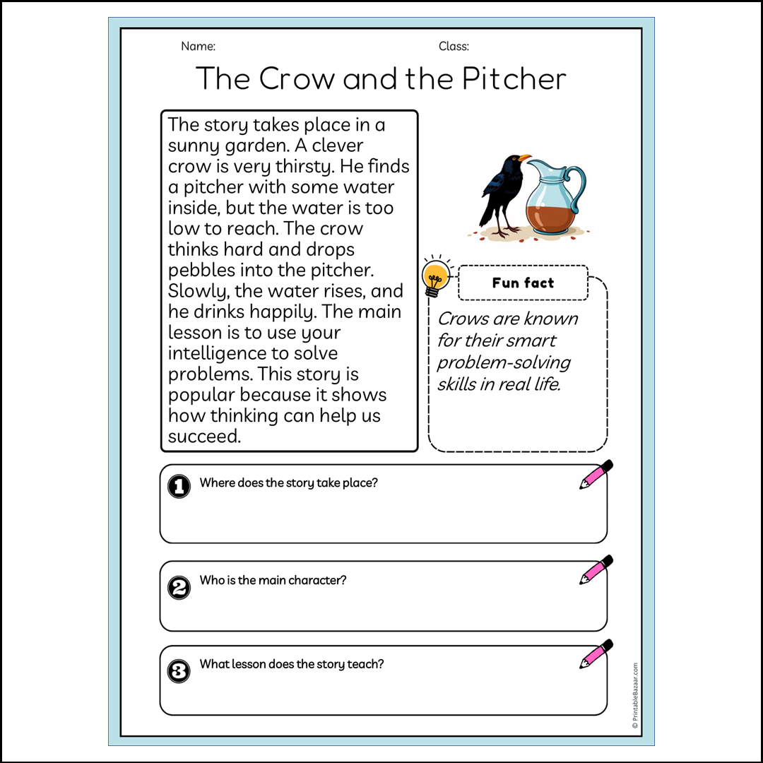 The Crow and the Pitcher | Reading Passage Comprehension Questions Writing Facts Worksheet