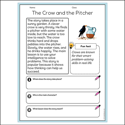 The Crow and the Pitcher | Reading Passage Comprehension Questions Writing Facts Worksheet