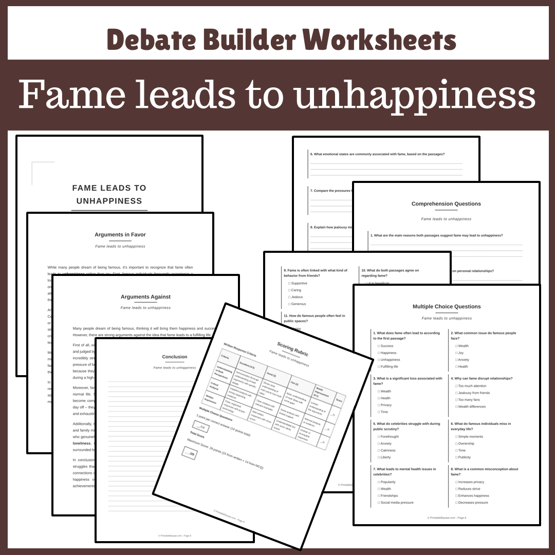Fame leads to unhappiness | Favour and Against Worksheet Printable Activity