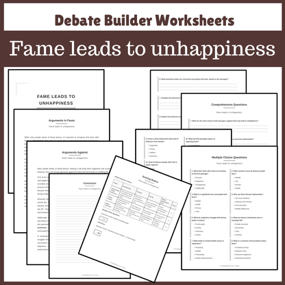 Fame leads to unhappiness | Favour and Against Worksheet Printable Activity