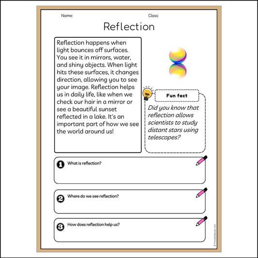 Reflection | Reading Passage Comprehension Questions Writing Facts Worksheet