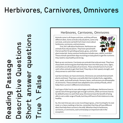 Herbivores, Carnivores, Omnivores | Reading Comprehension Passage Printable Worksheet