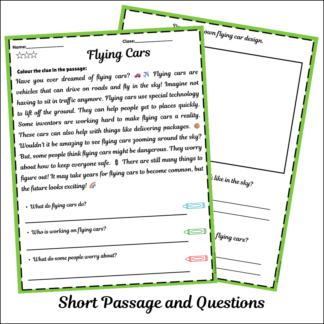 Flying Cars | Short Reading Comprehension Creative Worksheet