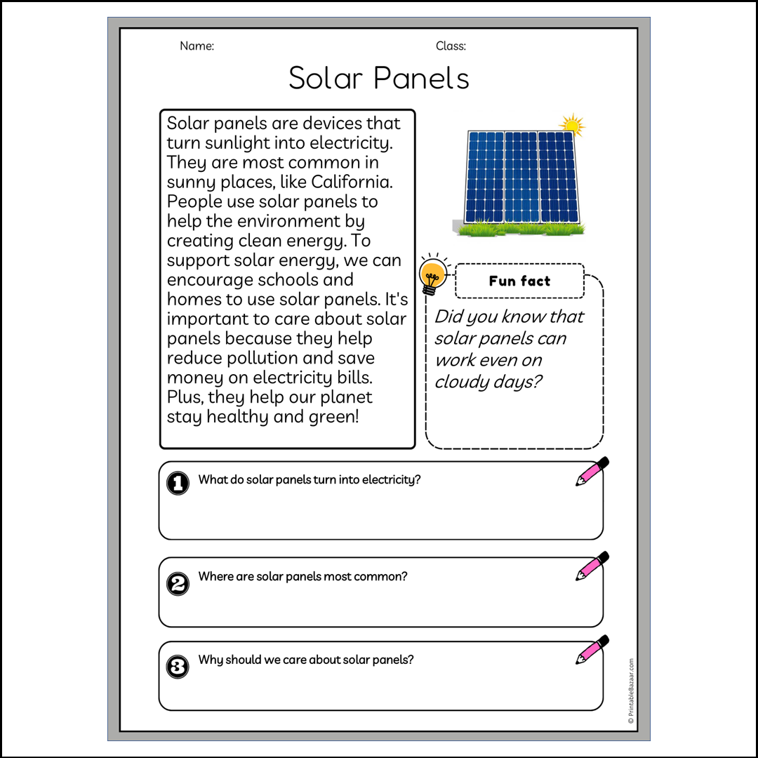 Solar Panels | Reading Passage Comprehension Questions Writing Facts Worksheet