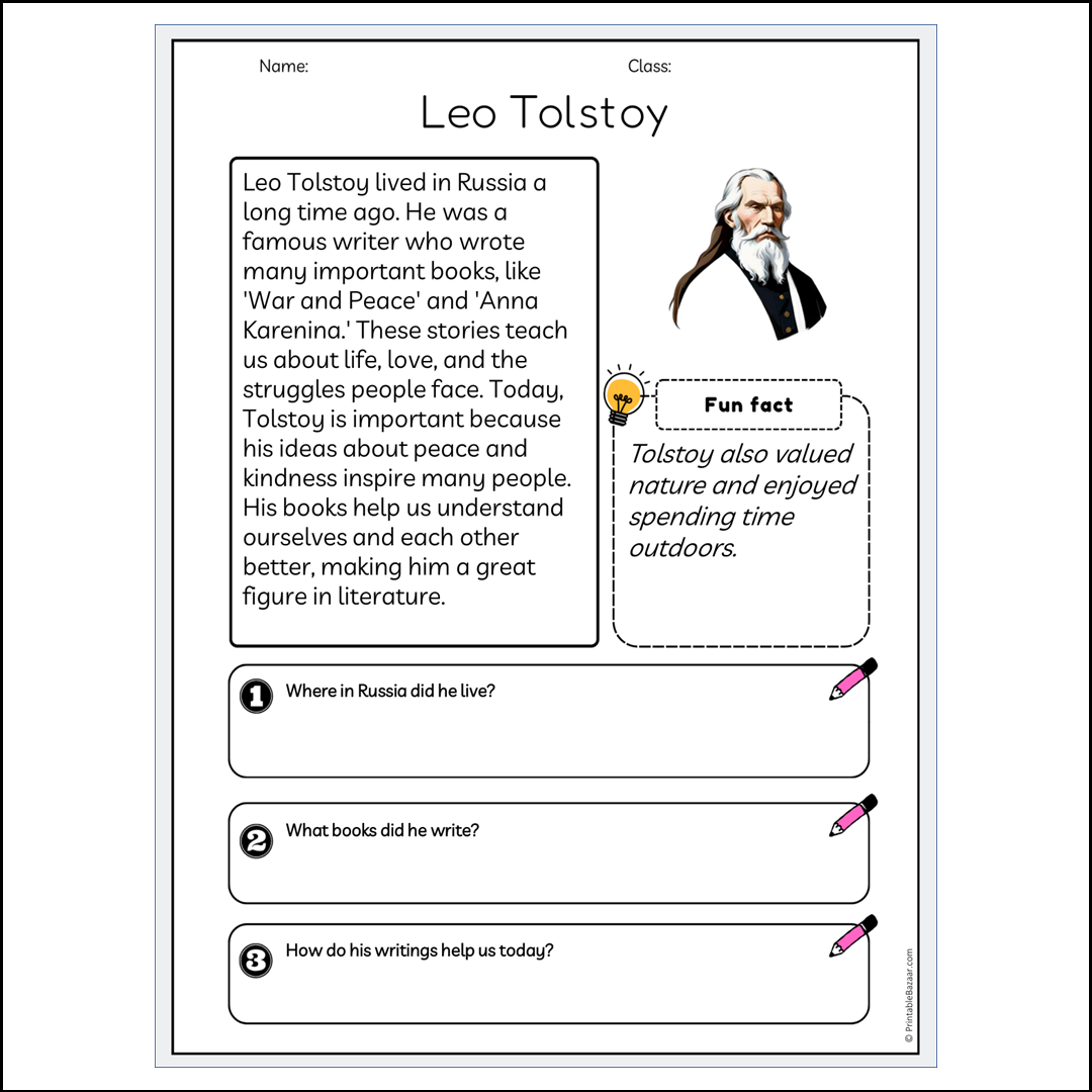 Leo Tolstoy | Reading Passage Comprehension Questions Writing Facts Worksheet