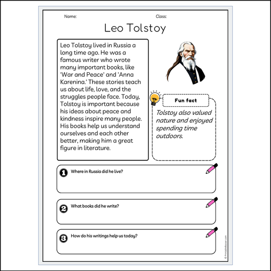 Leo Tolstoy | Reading Passage Comprehension Questions Writing Facts Worksheet