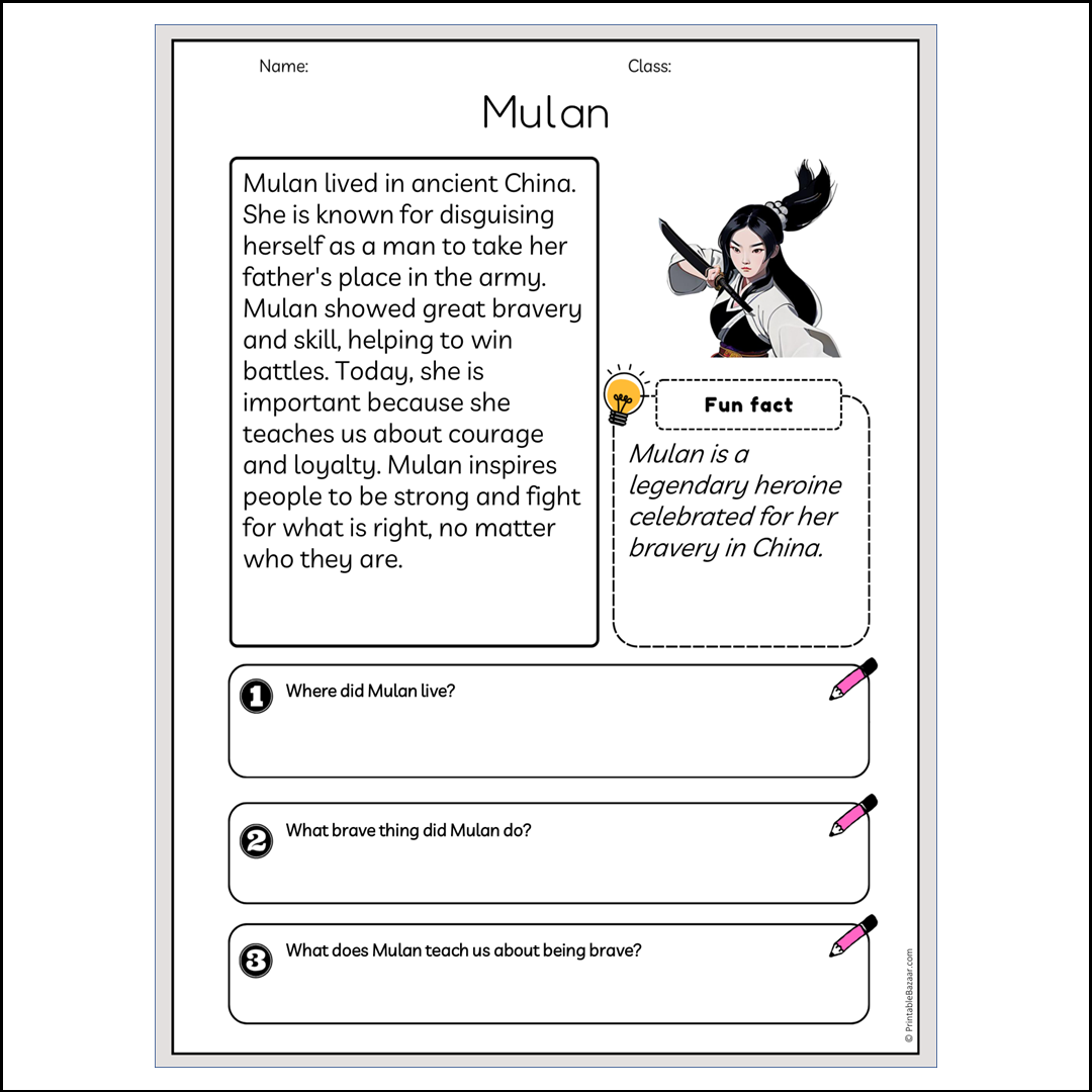 Mulan | Reading Passage Comprehension Questions Writing Facts Worksheet