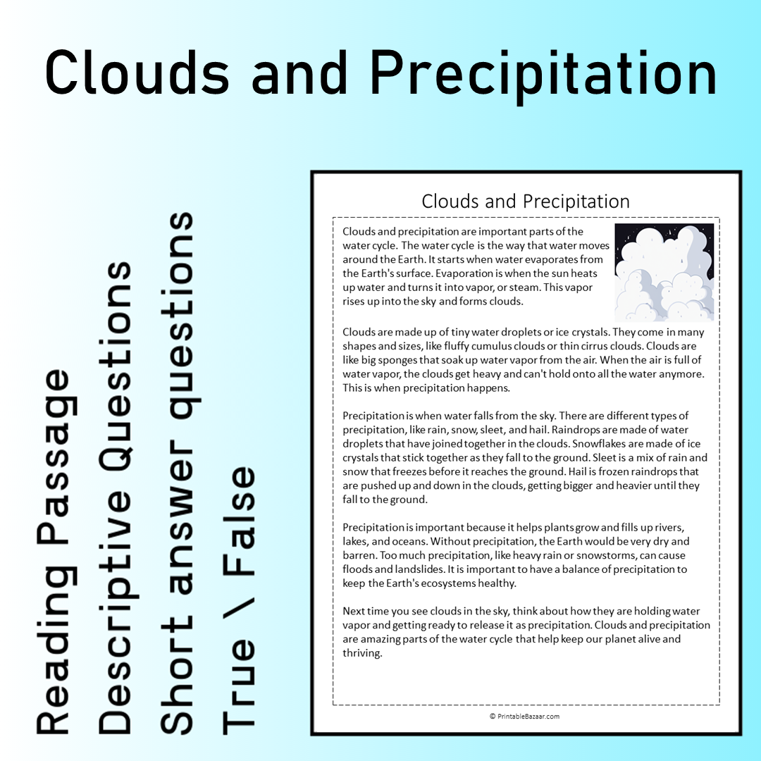 Clouds and Precipitation | Reading Comprehension Passage Printable Worksheet