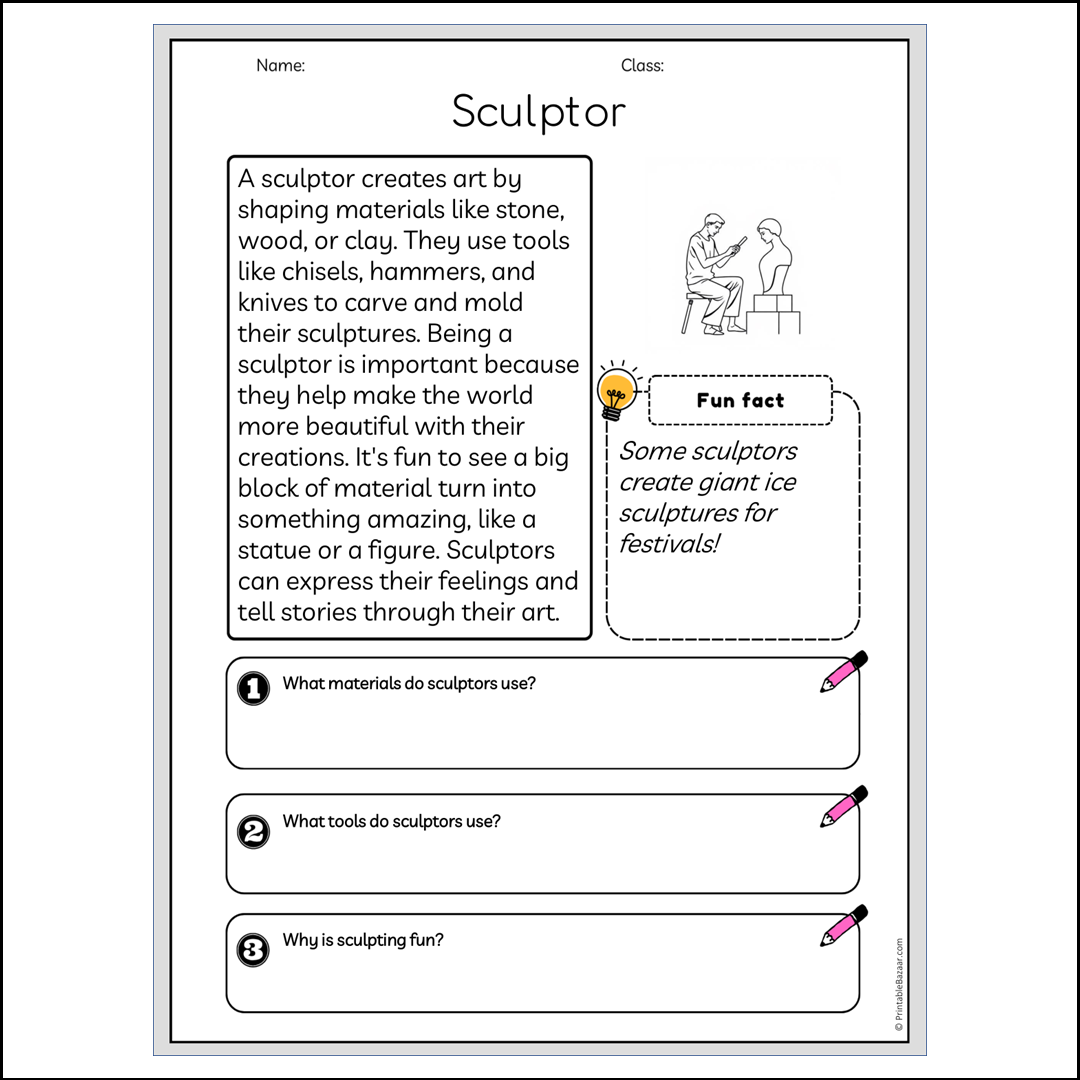 Sculptor | Reading Passage Comprehension Questions Writing Facts Worksheet