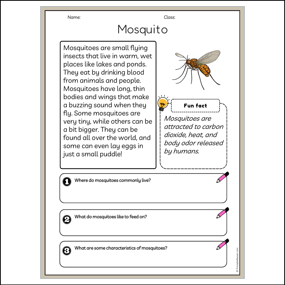 Mosquito | Reading Passage Comprehension Questions Writing Facts Worksheet