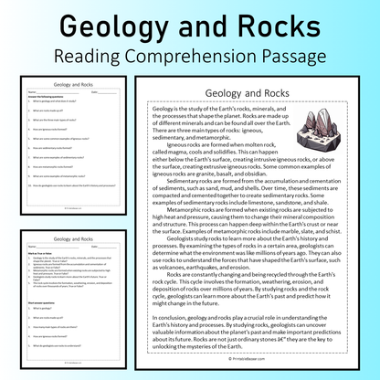 Geology and Rocks | Reading Comprehension Passage Printable Worksheet