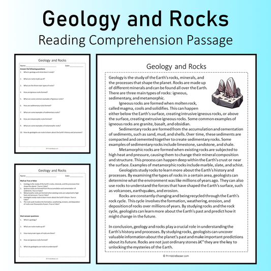 Geology and Rocks | Reading Comprehension Passage Printable Worksheet
