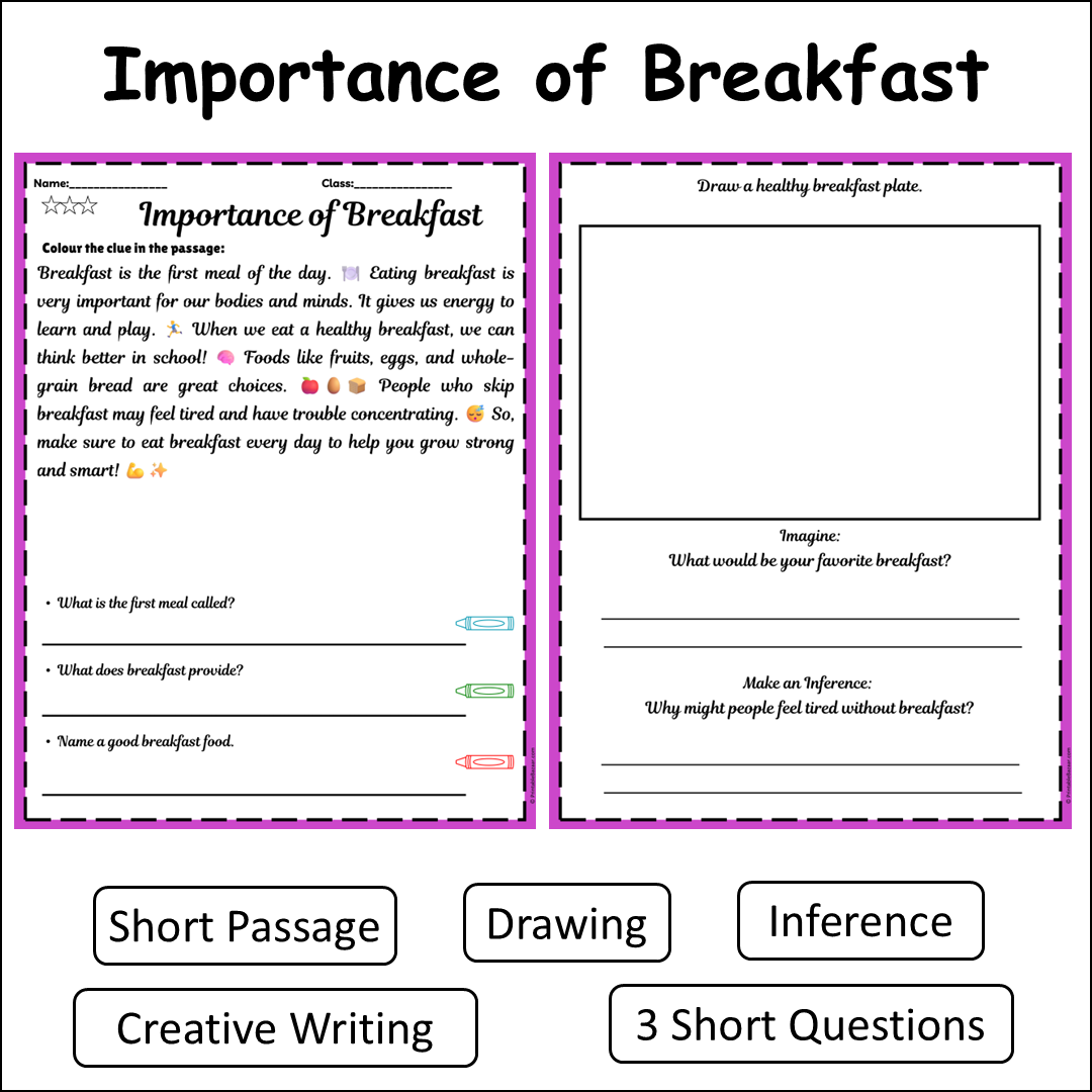 Importance of Breakfast | Short Reading Comprehension Creative Worksheet