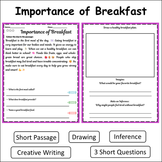 Importance of Breakfast | Short Reading Comprehension Creative Worksheet