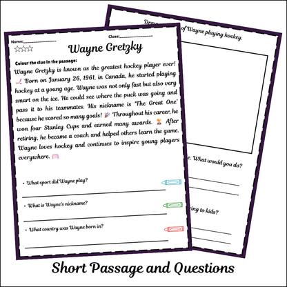 Wayne Gretzky | Short Reading Comprehension Creative Worksheet