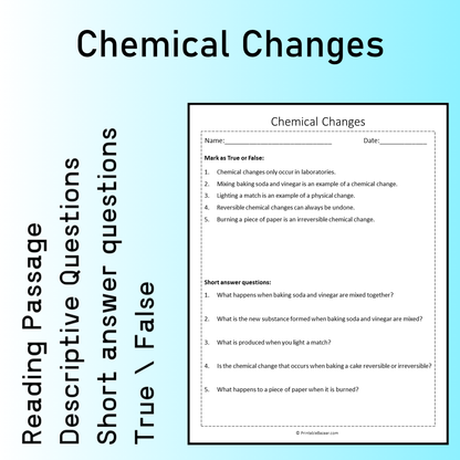 Chemical Changes | Reading Comprehension Passage Printable Worksheet