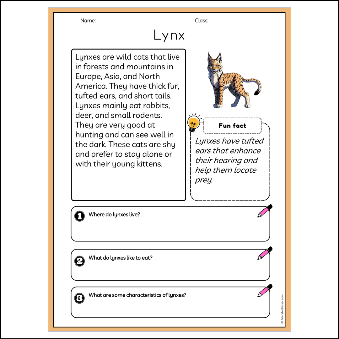 Lynx | Reading Passage Comprehension Questions Writing Facts Worksheet