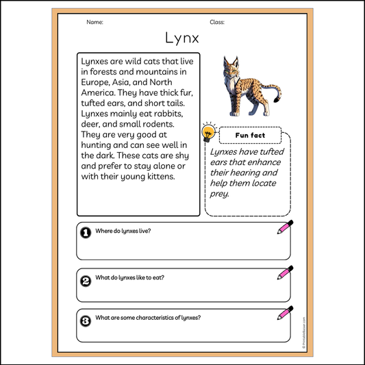 Lynx | Reading Passage Comprehension Questions Writing Facts Worksheet