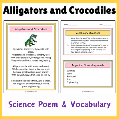 Alligators and Crocodiles | Science Poem Reading Comprehension Activity