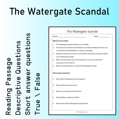 The Watergate Scandal | Reading Comprehension Passage Printable Worksheet