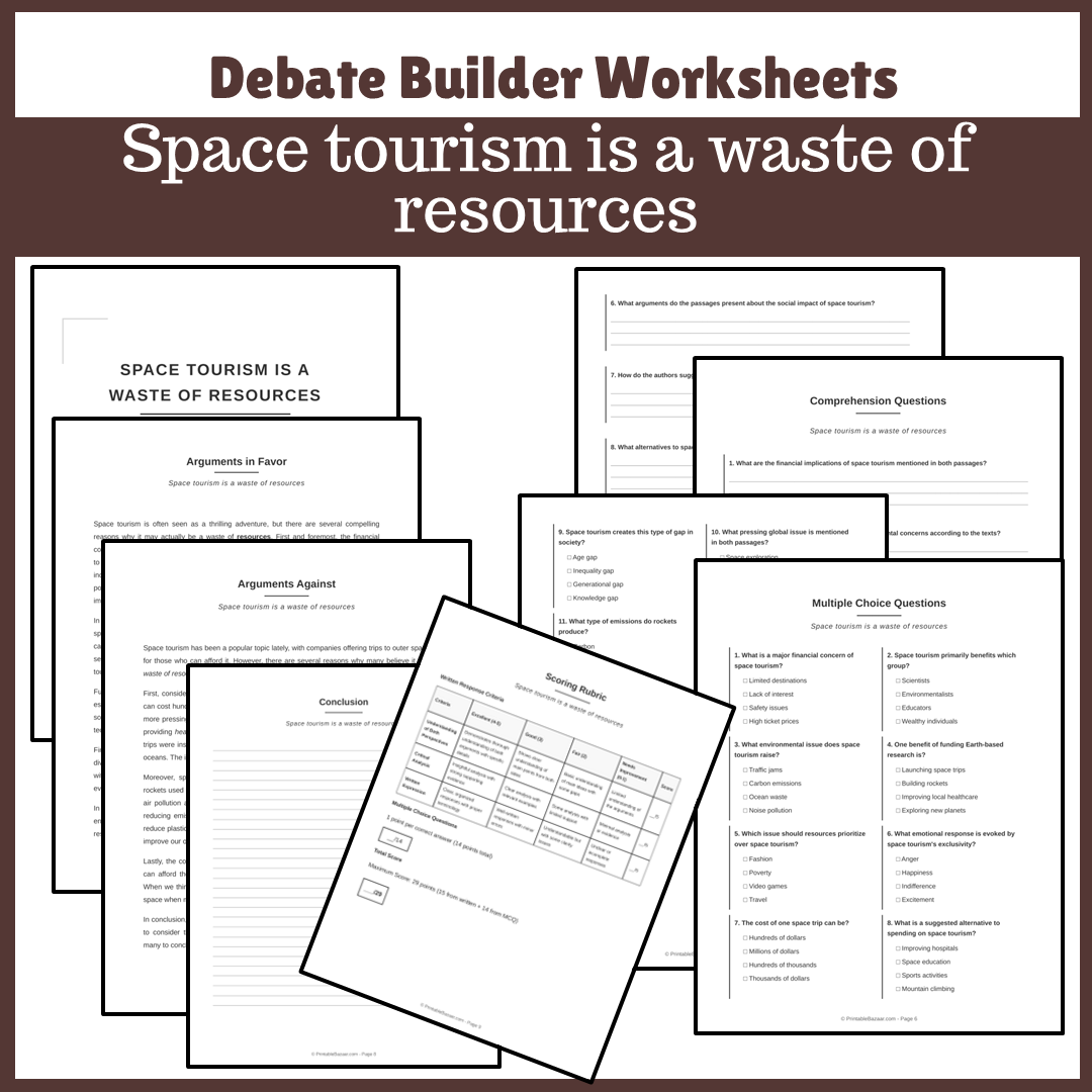 Space tourism is a waste of resources | Favour and Against Worksheet Printable Activity