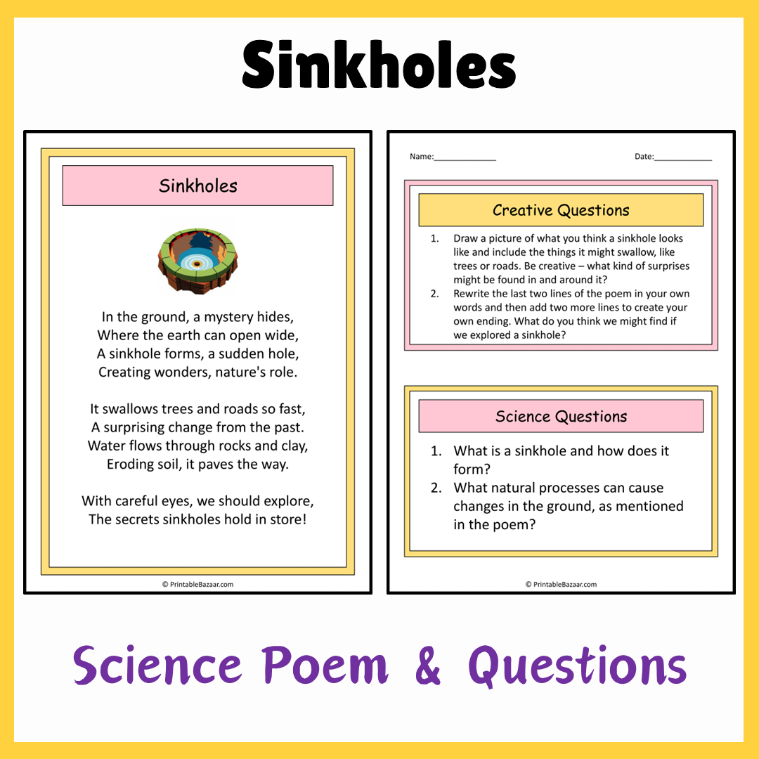 Sinkholes | Science Poem Reading Comprehension Activity