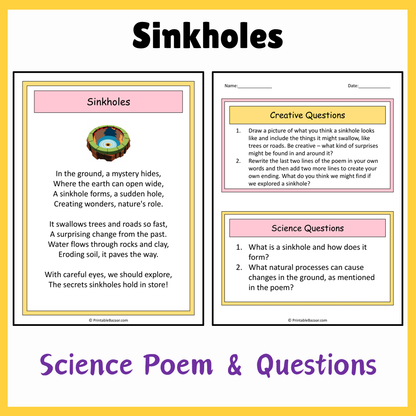 Sinkholes | Science Poem Reading Comprehension Activity