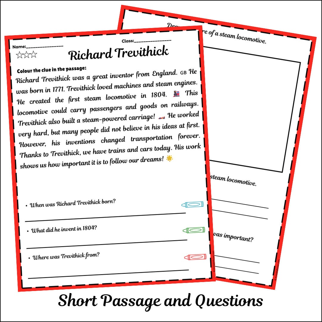 Richard Trevithick | Short Reading Comprehension Creative Worksheet