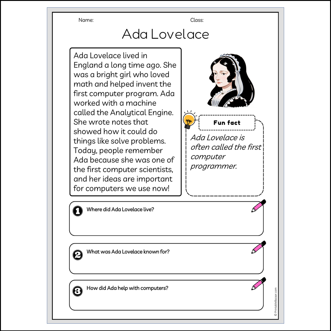 Ada Lovelace | Reading Passage Comprehension Questions Writing Facts Worksheet