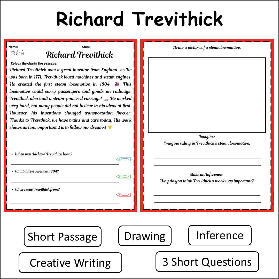 Richard Trevithick | Short Reading Comprehension Creative Worksheet