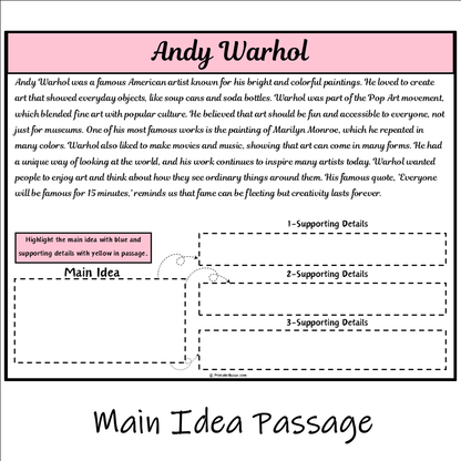 Andy Warhol | Main Idea and Supporting Details Reading Passage and Questions