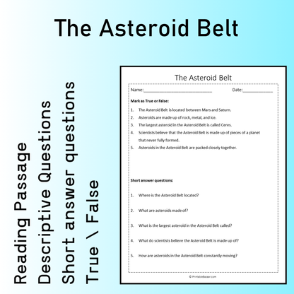 The Asteroid Belt | Reading Comprehension Passage Printable Worksheet