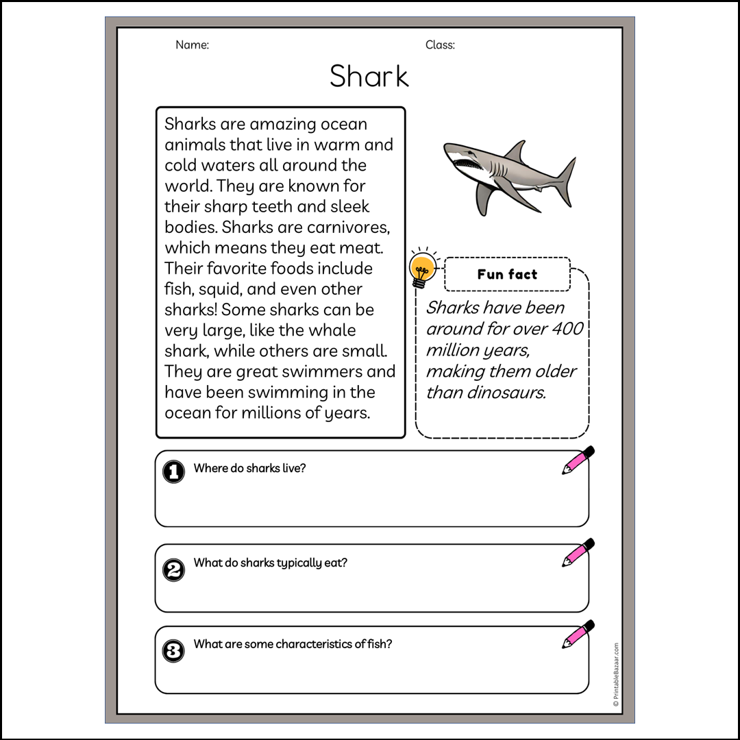 Shark | Reading Passage Comprehension Questions Writing Facts Worksheet